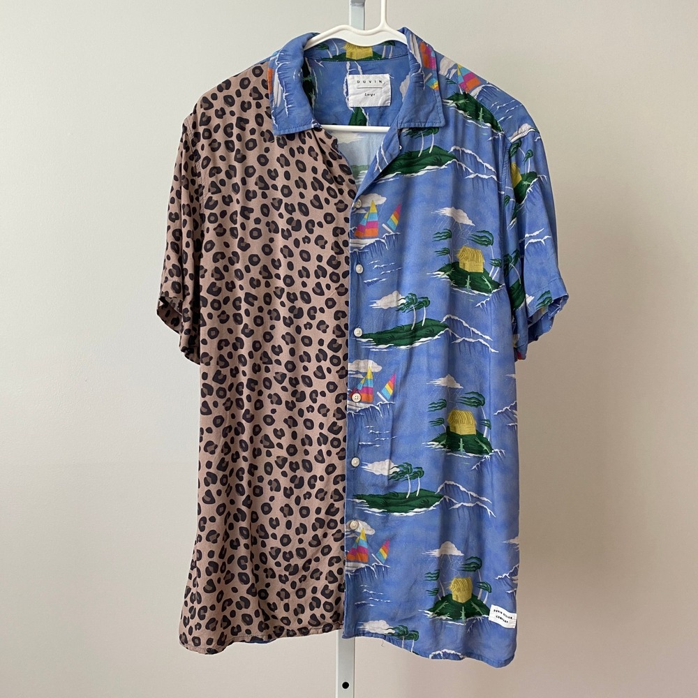 Duvin L Blue Leopard Split Button‎ Shirt Tropical Animal Print Camp Vacation